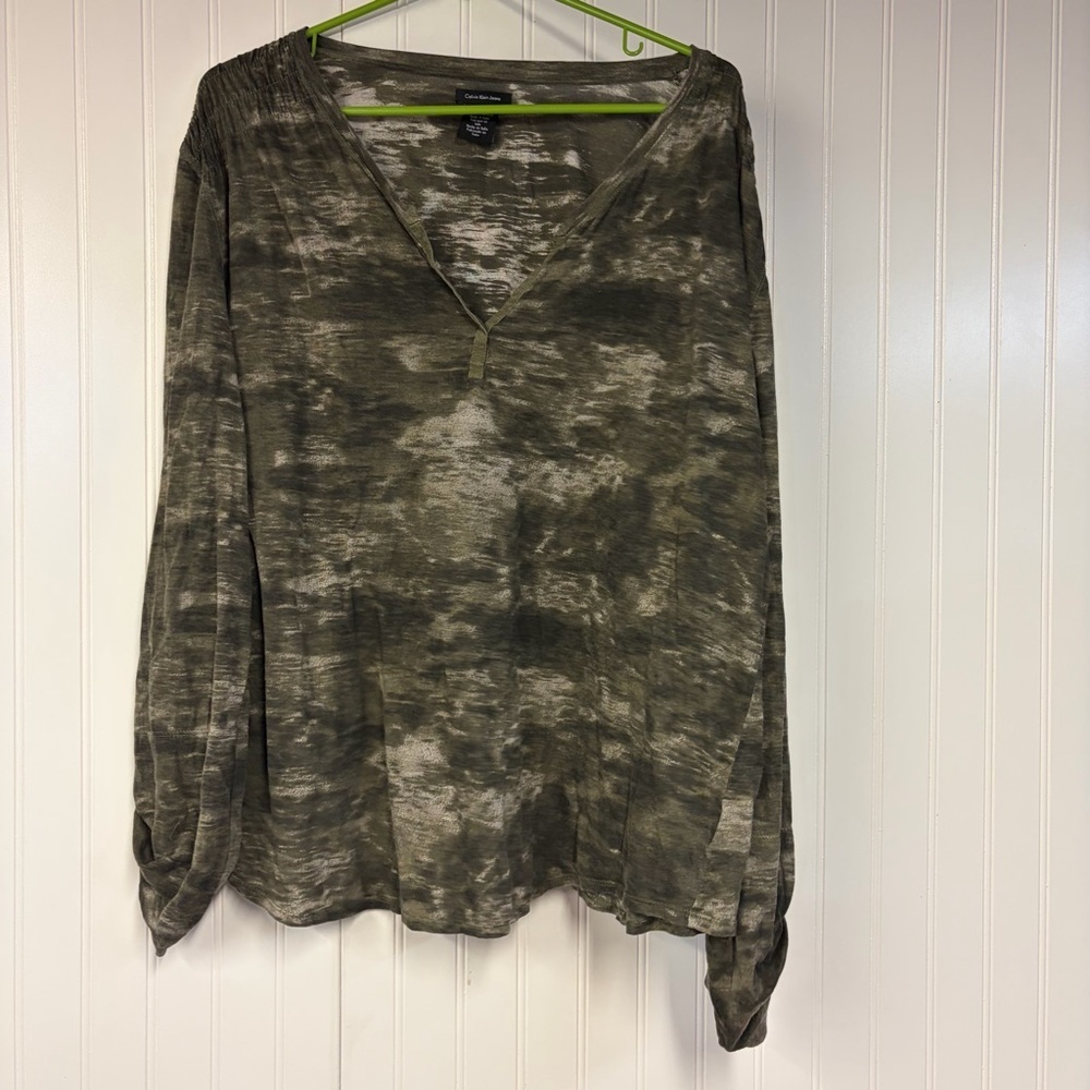 Calvin Klein Jeans Brown Green Tie-Dye Lightweight V-Neck Top 2XL